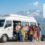 Tempo traveller price in Srinagar - modern tempo traveller with happy group at scenic Kashmir location Nature Connect Travels