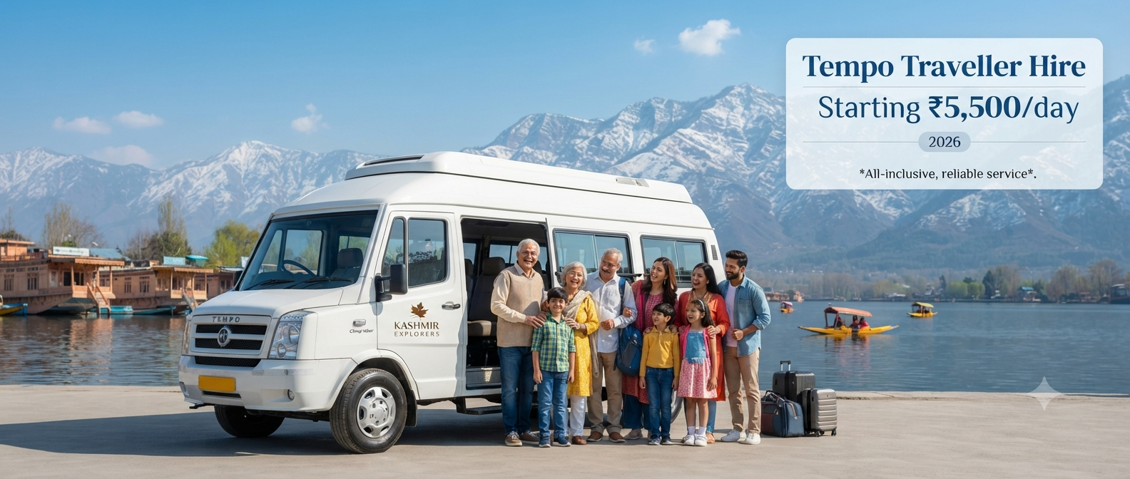 Tempo traveller price in Srinagar - modern tempo traveller with happy group at scenic Kashmir location Nature Connect Travels