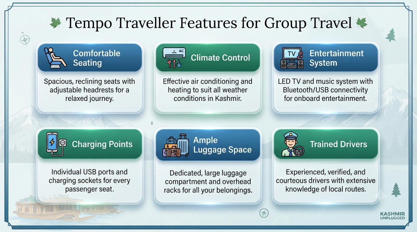 Tempo traveller price in Srinagar - vehicle features infographic comfort climate entertainment charging luggage drivers