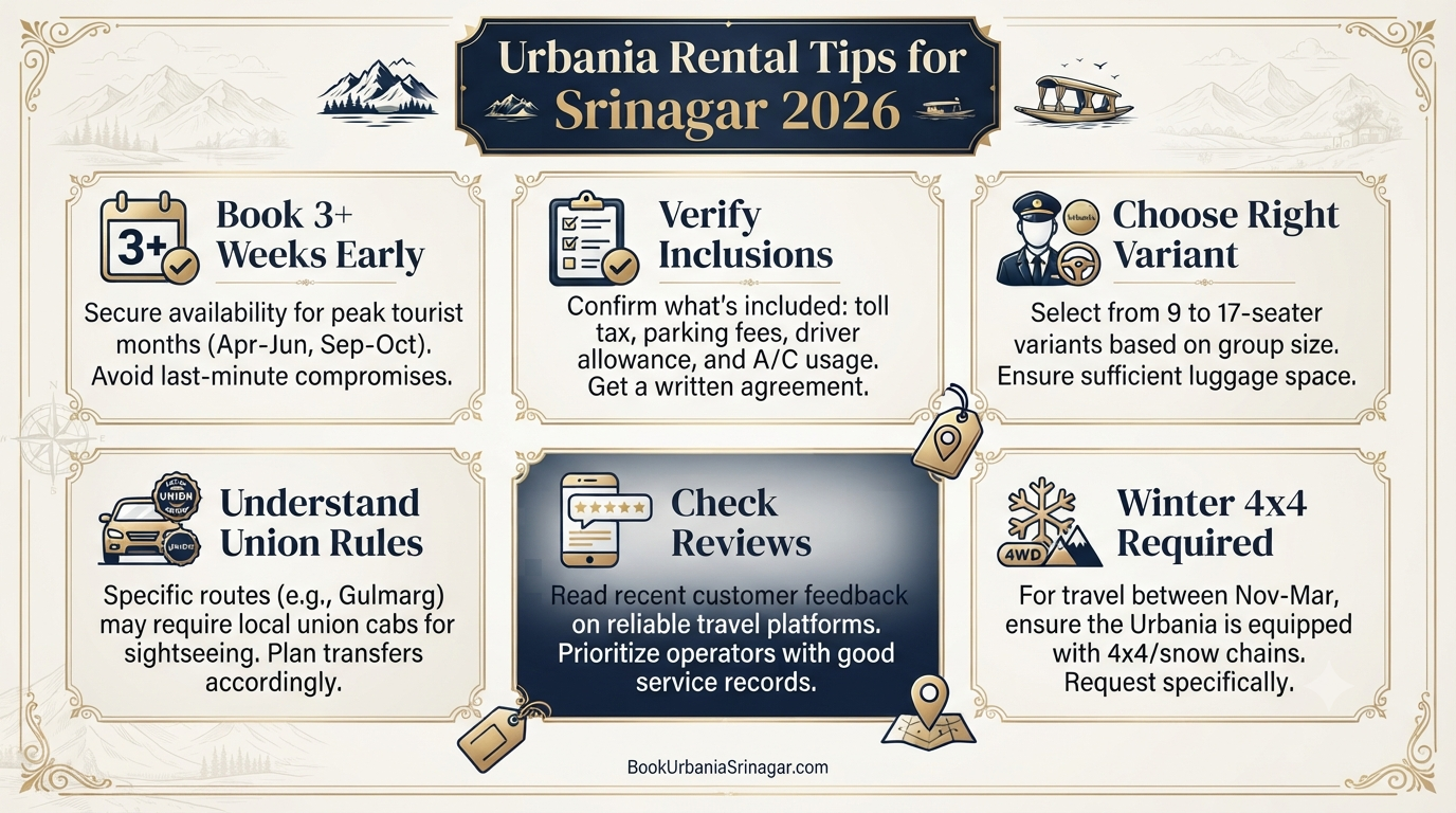 Urbania on Rent in Srinagar 2026 | ₹8,500-₹18,000/Day 11 Urbania on rent in Srinagar - essential tips infographic