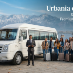 Urbania on rent in Srinagar - premium Force Urbania tempo traveller with group at scenic Dal Lake location Nature Connect Travels
