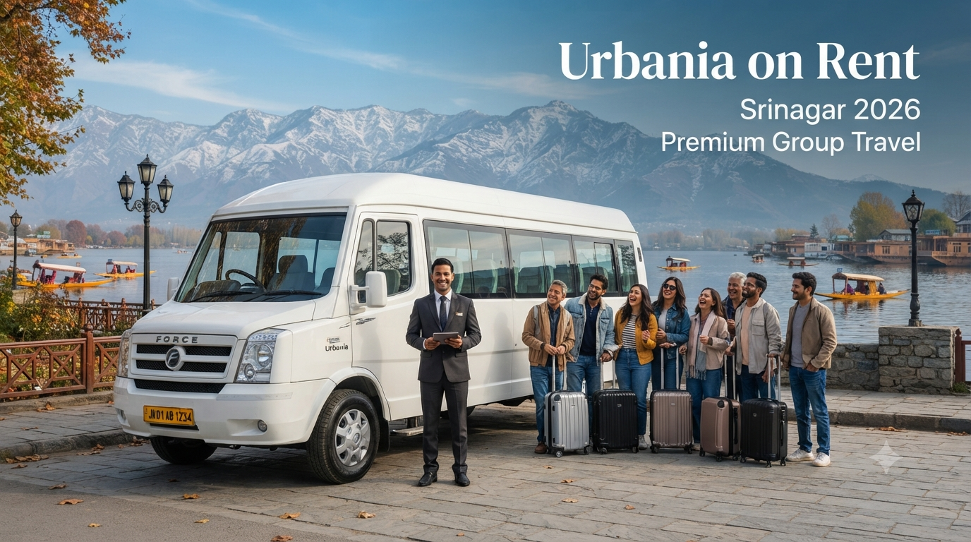 Urbania on rent in Srinagar - premium Force Urbania tempo traveller with group at scenic Dal Lake location Nature Connect Travels