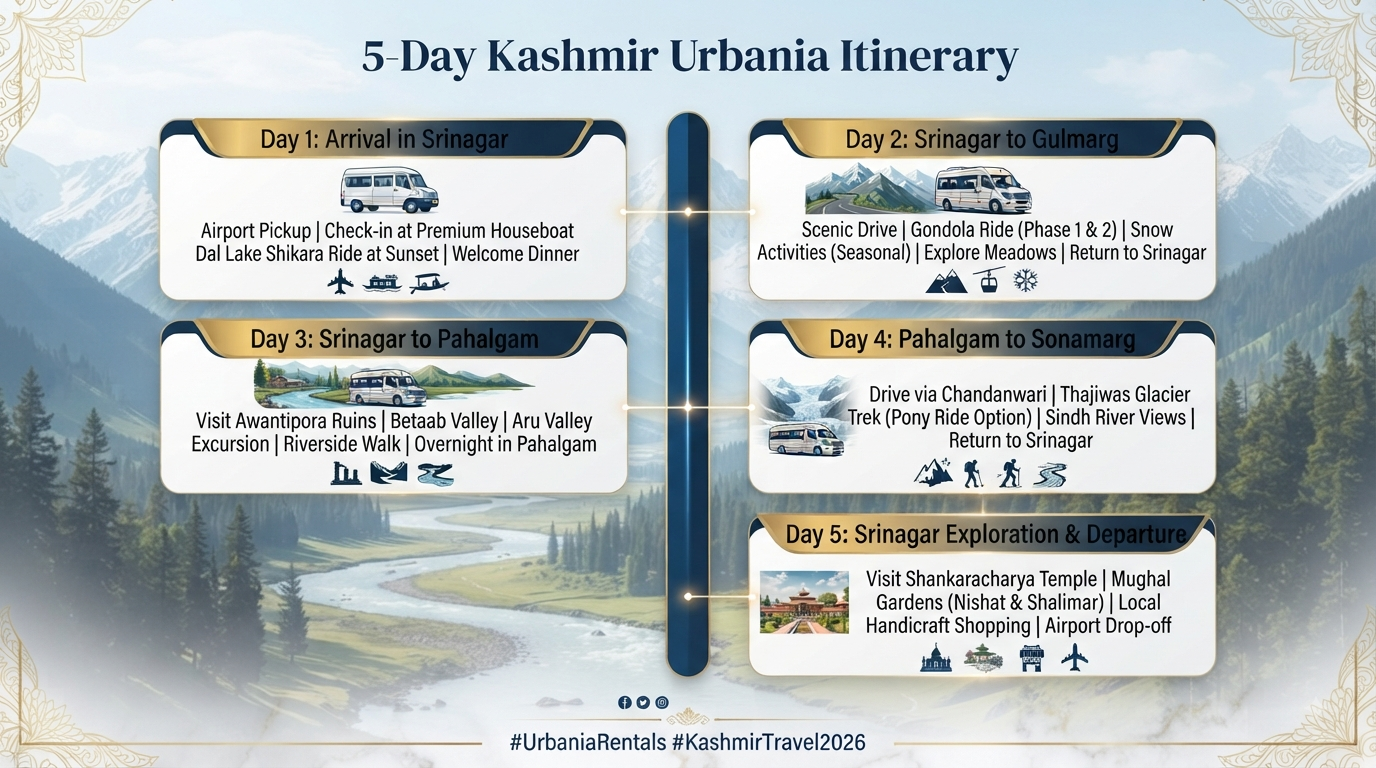 Urbania Rent in Kashmir 2026 | ₹8,500/Day | 9-17 Seater 15 Urbania rent in Kashmir - 5-day itinerary infographic
