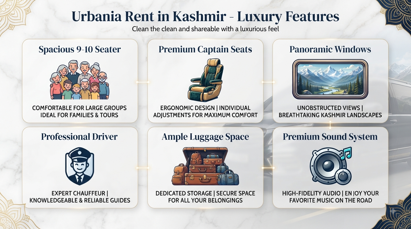 Urbania Rent in Kashmir 2026 | ₹8,500/Day | 9-17 Seater 10 Urbania rent in Kashmir - premium vehicle features infographic
