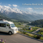 Urbania rent in Kashmir - premium white Urbania tempo traveller on scenic mountain road