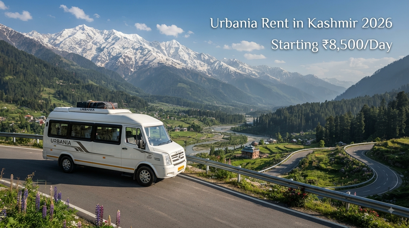 Urbania rent in Kashmir - premium white Urbania tempo traveller on scenic mountain road