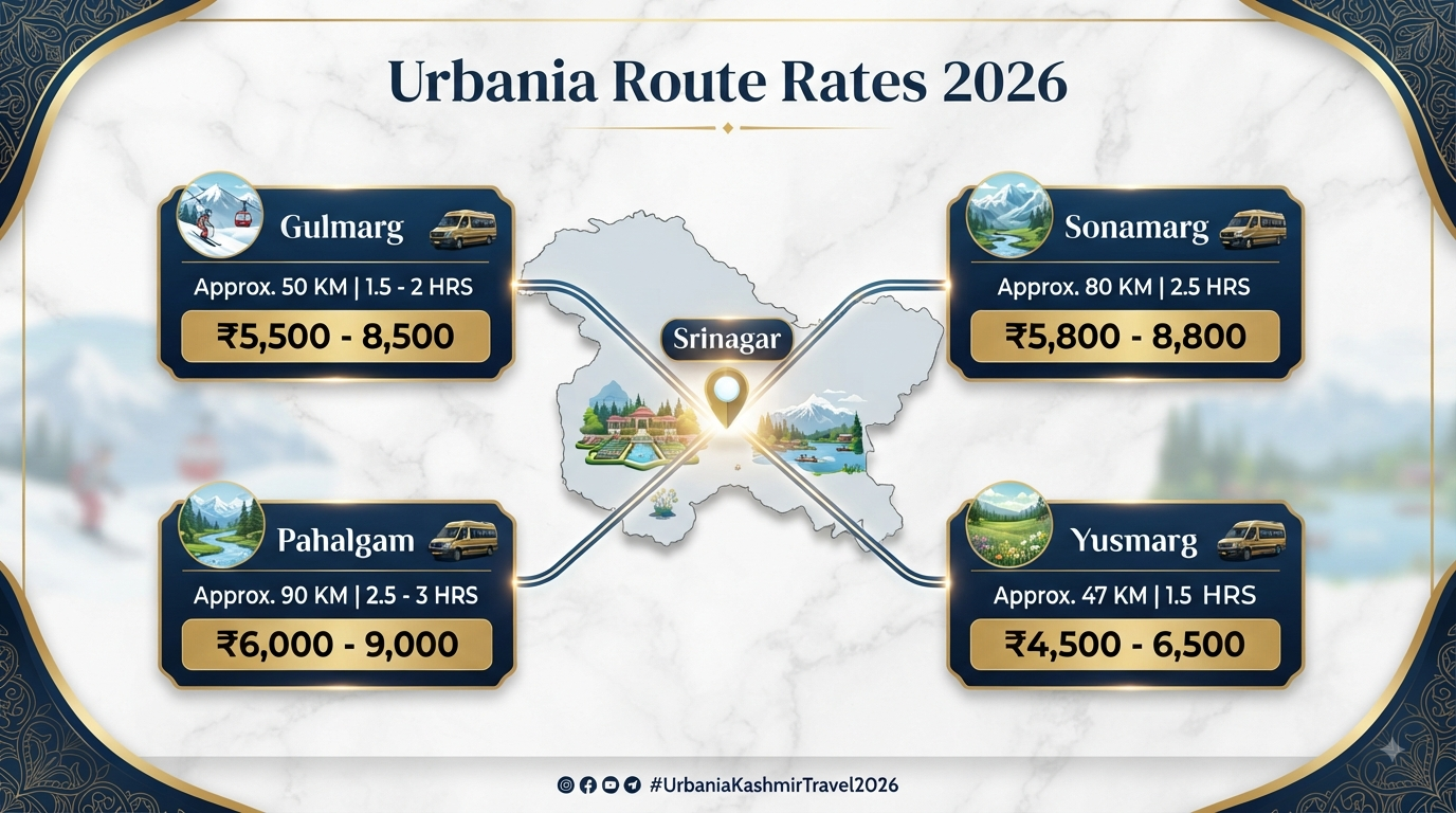 Urbania Rent in Kashmir 2026 | ₹8,500/Day | 9-17 Seater 12 Urbania rent in Kashmir - route pricing infographic
