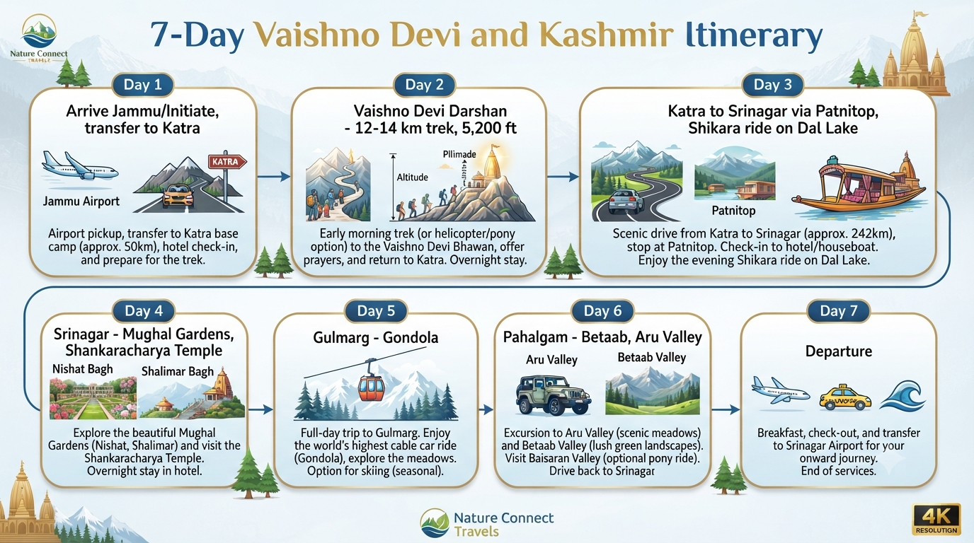 Vaishno Devi and Kashmir Tour Package 7 Days 2026 | ₹14,999+ 8 Vaishno Devi and Kashmir tour package 7 days - 7-day itinerary