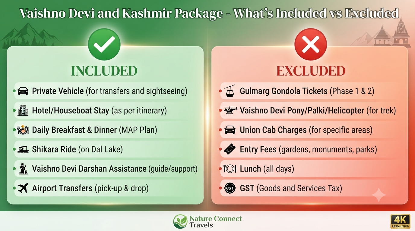 Vaishno Devi and Kashmir Tour Package 7 Days 2026 | ₹14,999+ 9 Vaishno Devi and Kashmir tour package 7 days - inclusions vs exclusions