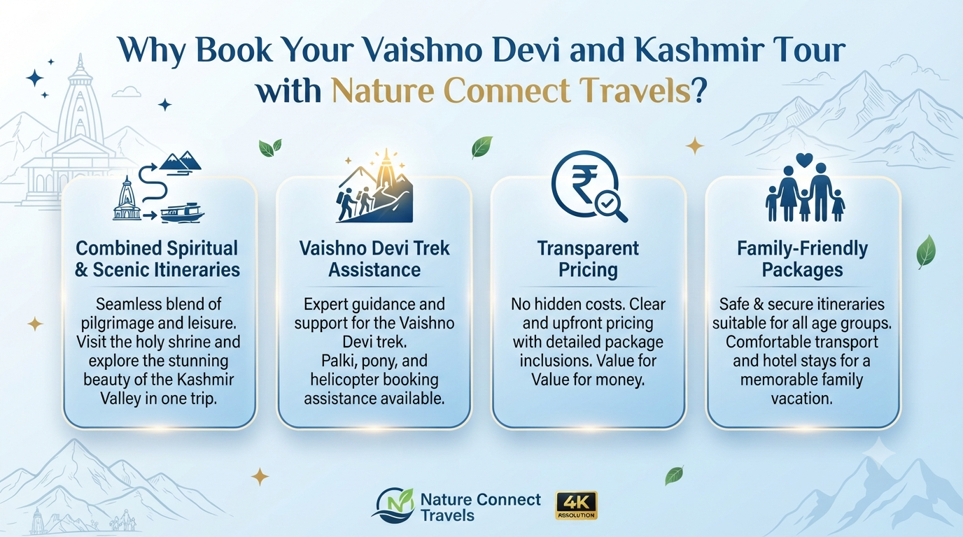 Vaishno Devi and Kashmir Tour Package 7 Days 2026 | ₹14,999+ 7 Vaishno Devi and Kashmir tour package 7 days - why choose Nature Connect Travels
