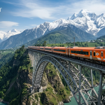 Vande Bharat Kashmir tour package - Vande Bharat Express crossing the Chenab Bridge in the Himalayas