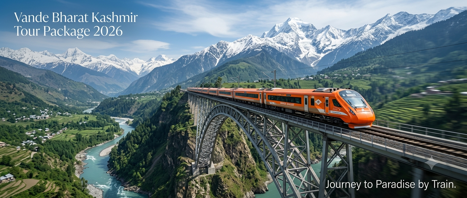 Vande Bharat Kashmir tour package - Vande Bharat Express crossing the Chenab Bridge in the Himalayas