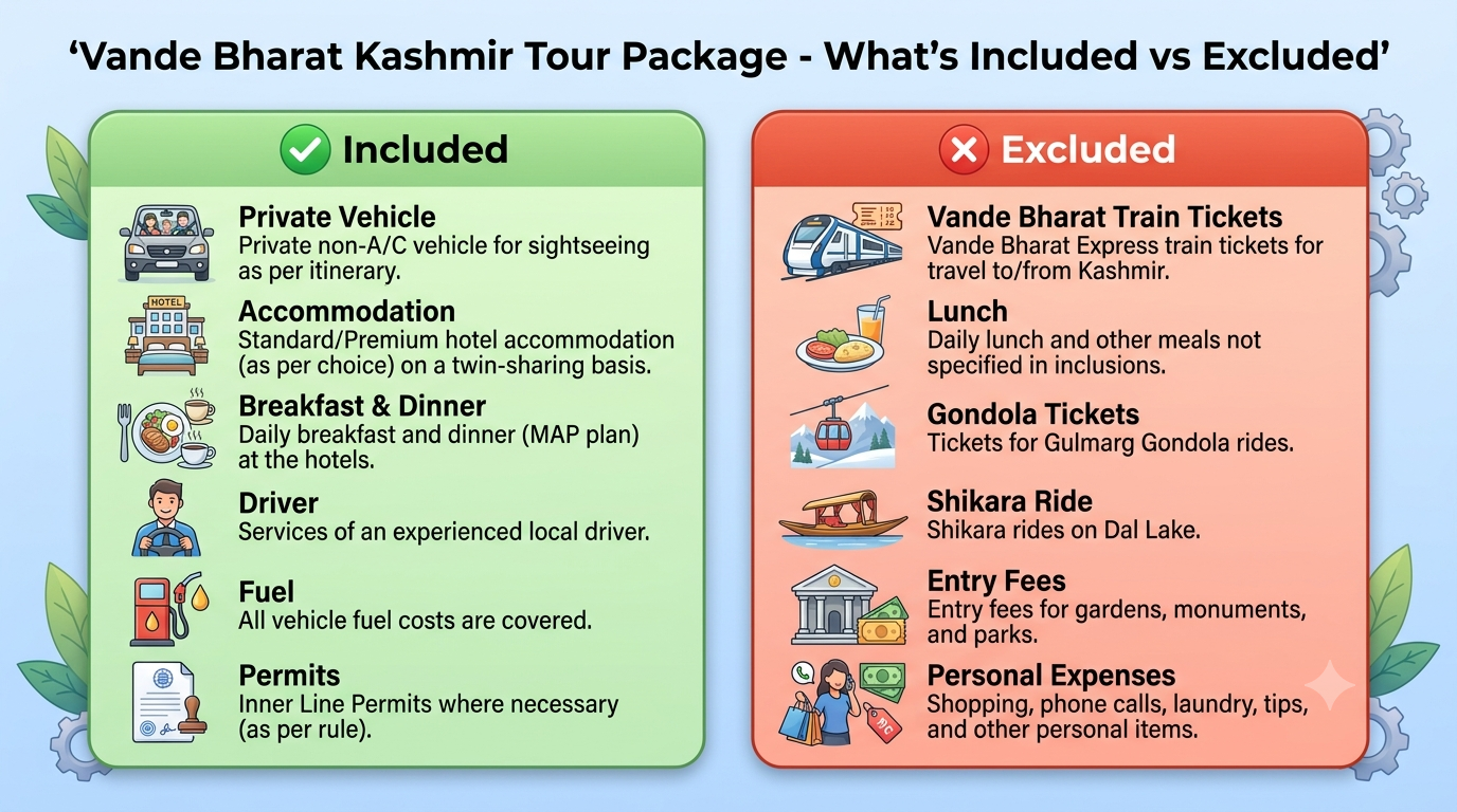 Vande Bharat Kashmir tour package - inclusions vs exclusions
