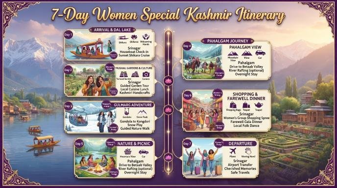 Women Special Kashmir Tour 2026 | Nature Connect Travels | Safe & Premium 10 Veena World Women special Kashmir tour - women's tour overview infographic with Nature Connect Travels