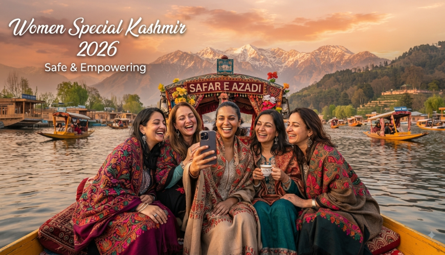 Women special Kashmir tour - group of women enjoying shikara ride on Dal Lake with Nature Connect Travels