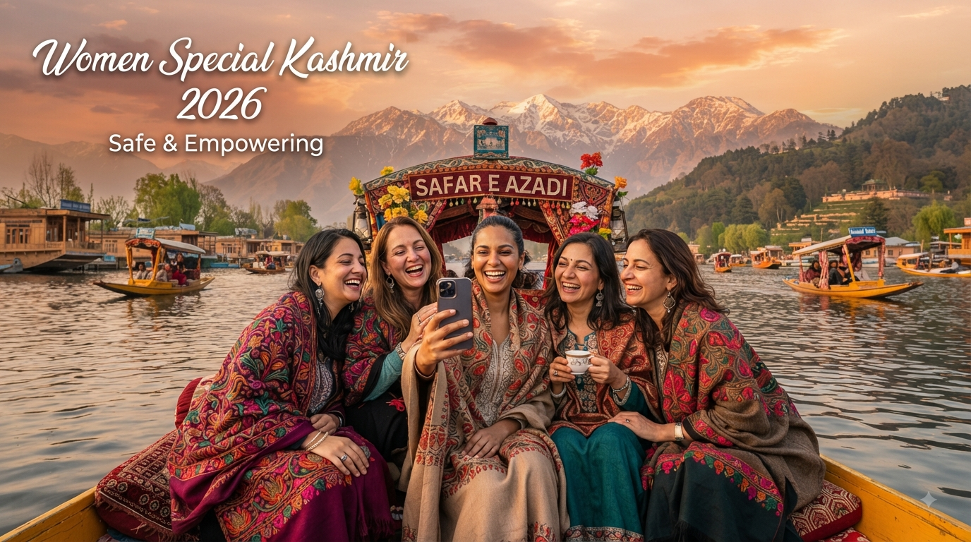 Women special Kashmir tour - group of women enjoying shikara ride on Dal Lake with Nature Connect Travels