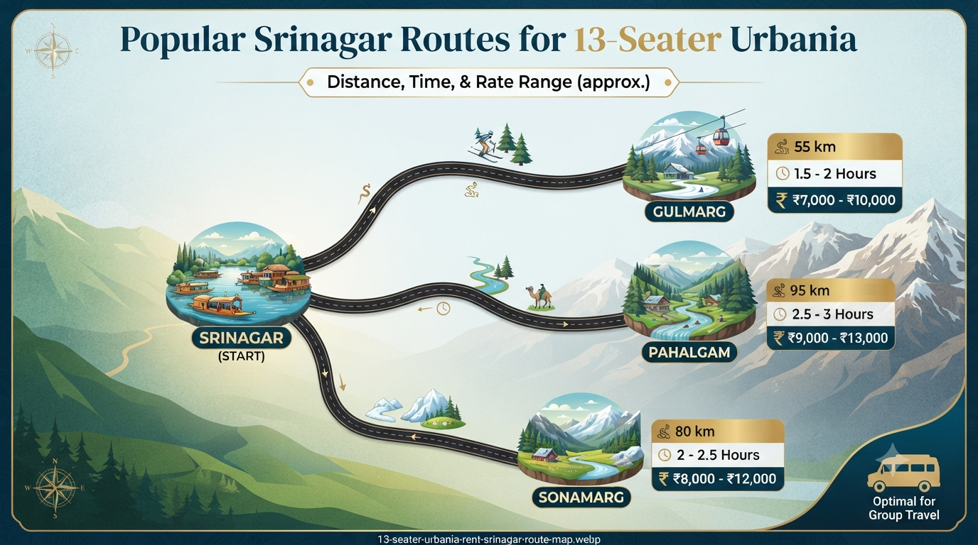 13 seater Urbania rent in Srinagar Kashmir - route map