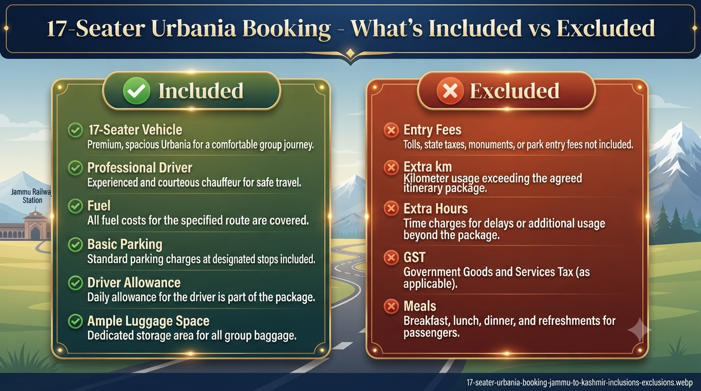17 seater Urbania booking Jammu to Kashmir - inclusions vs exclusions