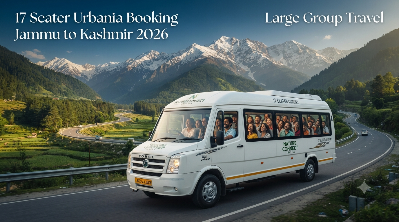 17 seater Urbania booking Jammu to Kashmir - large group luxury tempo traveller on the scenic Jammu-Kashmir highway with Nature Connect Travels.