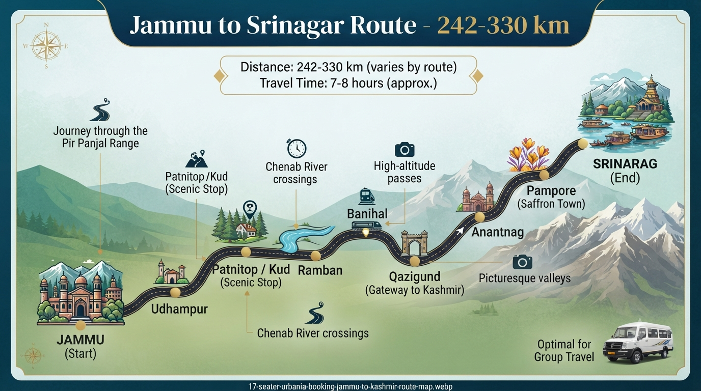 17 seater Urbania booking Jammu to Kashmir - route map