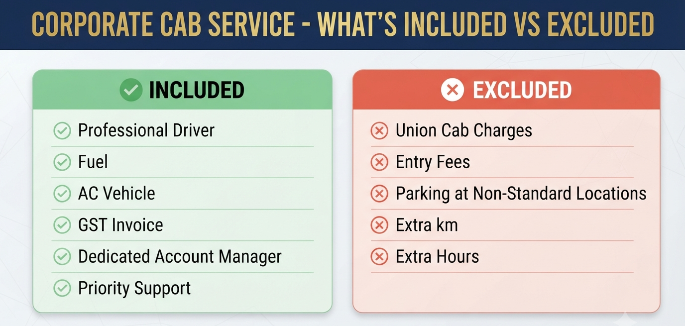 Corporate cab service in Srinagar - inclusions vs exclusions