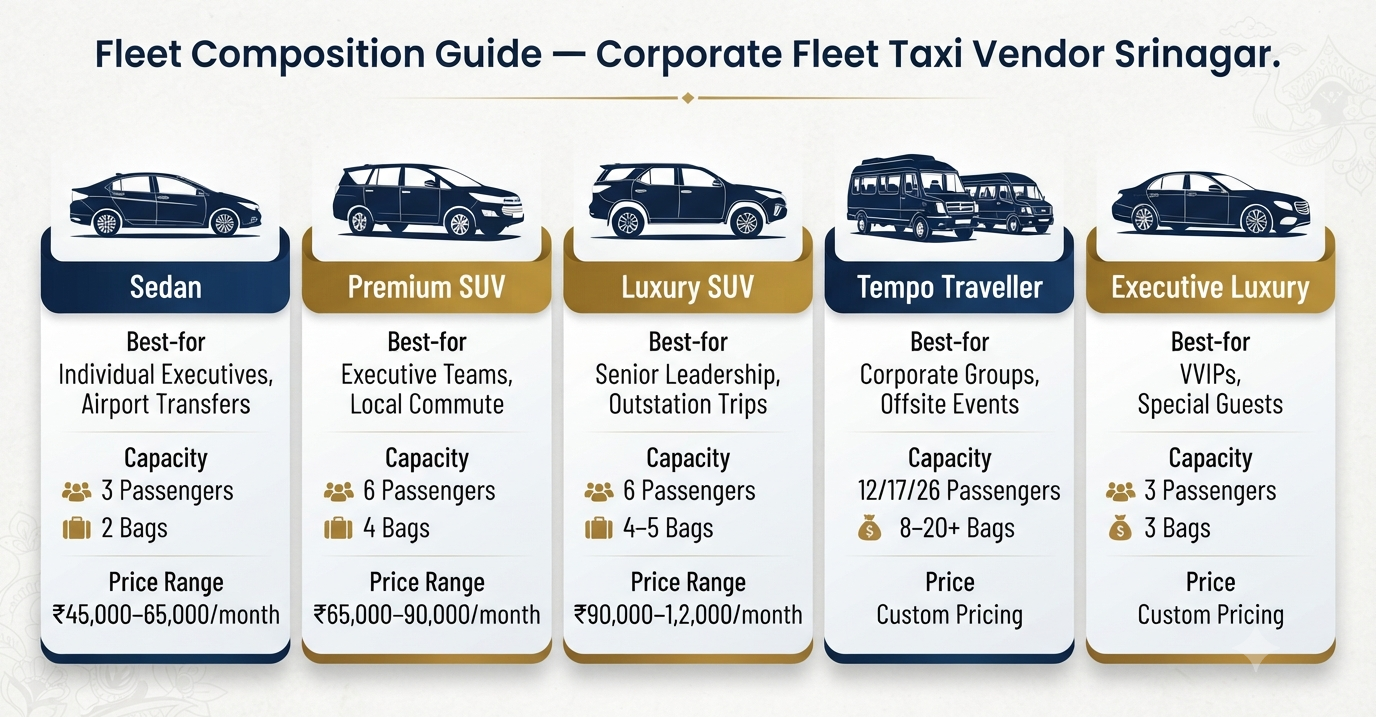 Corporate fleet taxi vendor in Srinagar - fleet composition guide infographic sedan SUV luxury tempo traveller for corporate needs