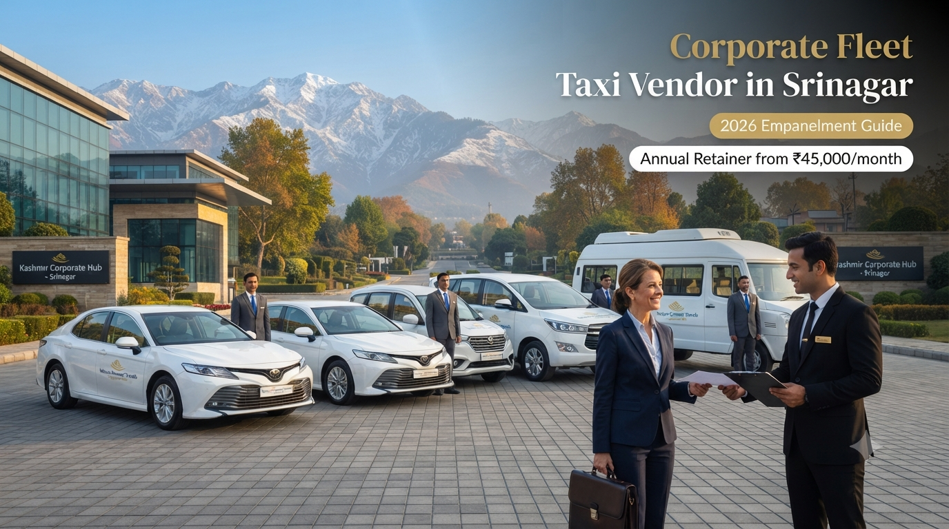 Corporate fleet taxi vendor in Srinagar - fleet of sedans SUVs and tempo travellers with professional chauffeurs for business transport