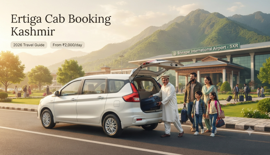 Ertiga cab booking Kashmir - white 7-seater AC vehicle with driver at Srinagar airport for family travel