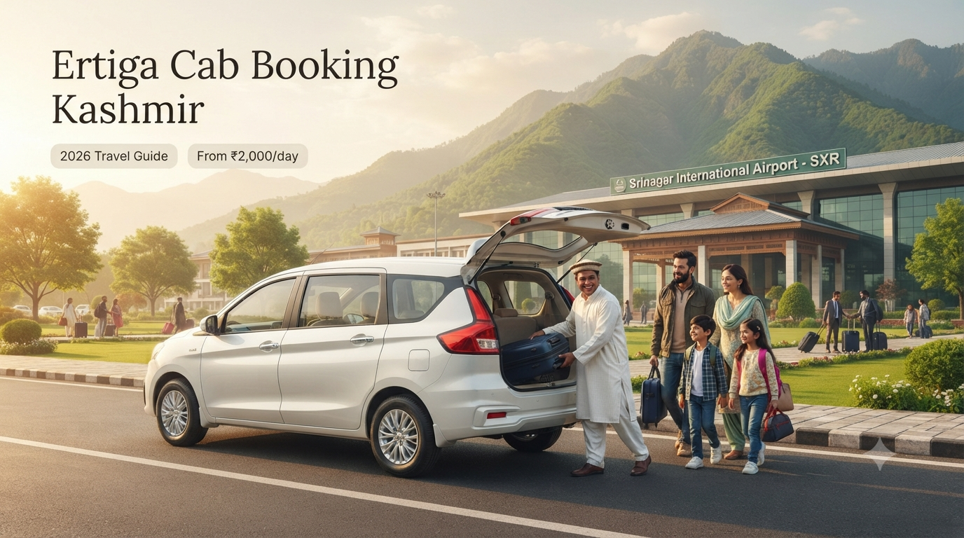 Ertiga cab booking Kashmir - white 7-seater AC vehicle with driver at Srinagar airport for family travel