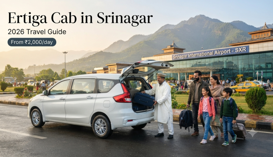 Ertiga cab in Srinagar - white 7-seater AC vehicle with driver at Srinagar airport for family travel