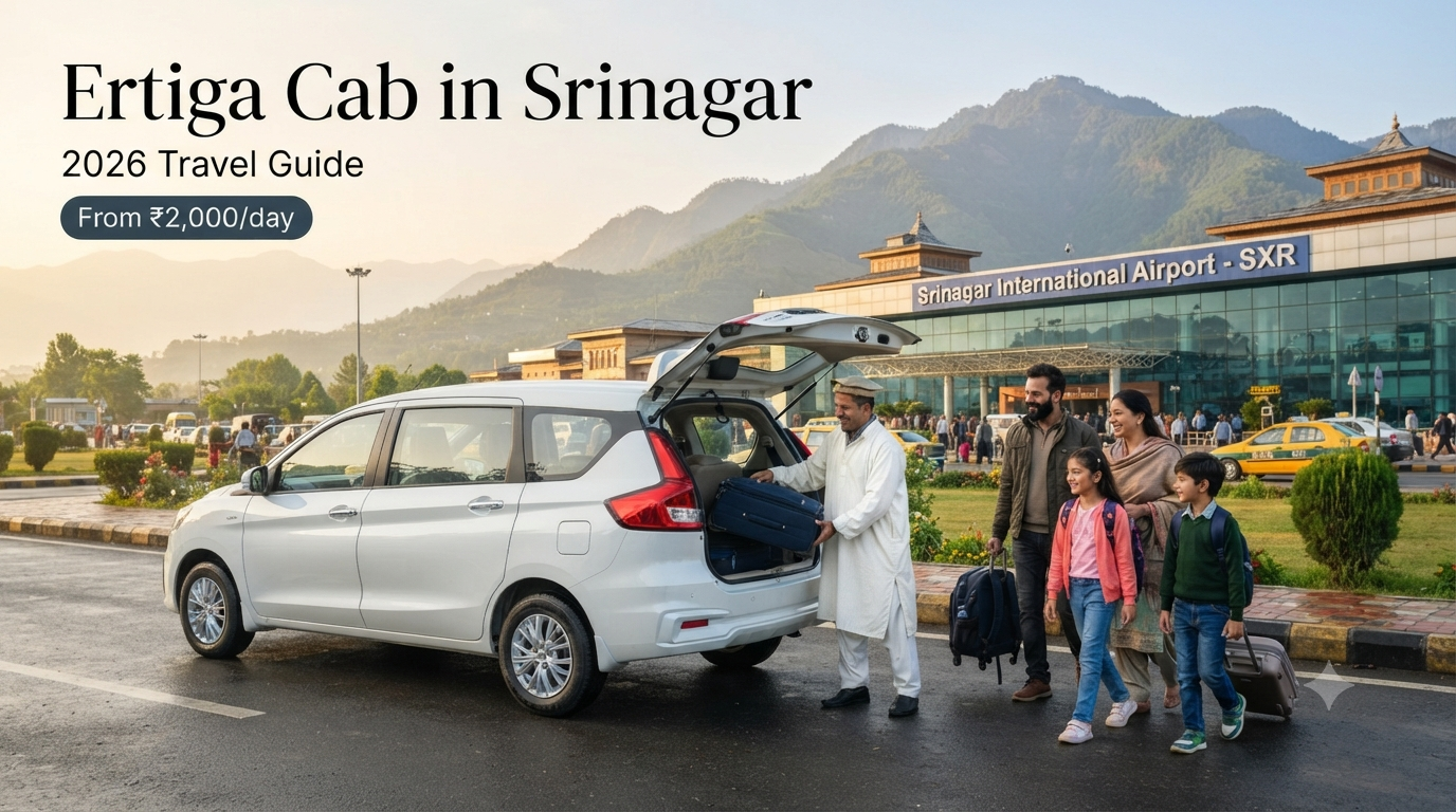 Ertiga cab in Srinagar - white 7-seater AC vehicle with driver at Srinagar airport for family travel