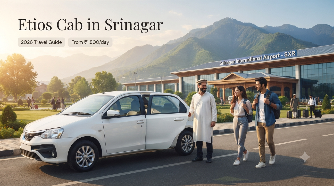 Etios cab in Srinagar - white Toyota Etios sedan with driver at Srinagar airport for budget travel