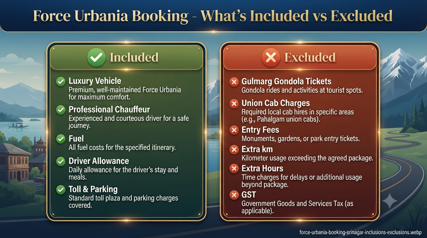 Force Urbania booking contact number Srinagar - inclusions vs exclusions