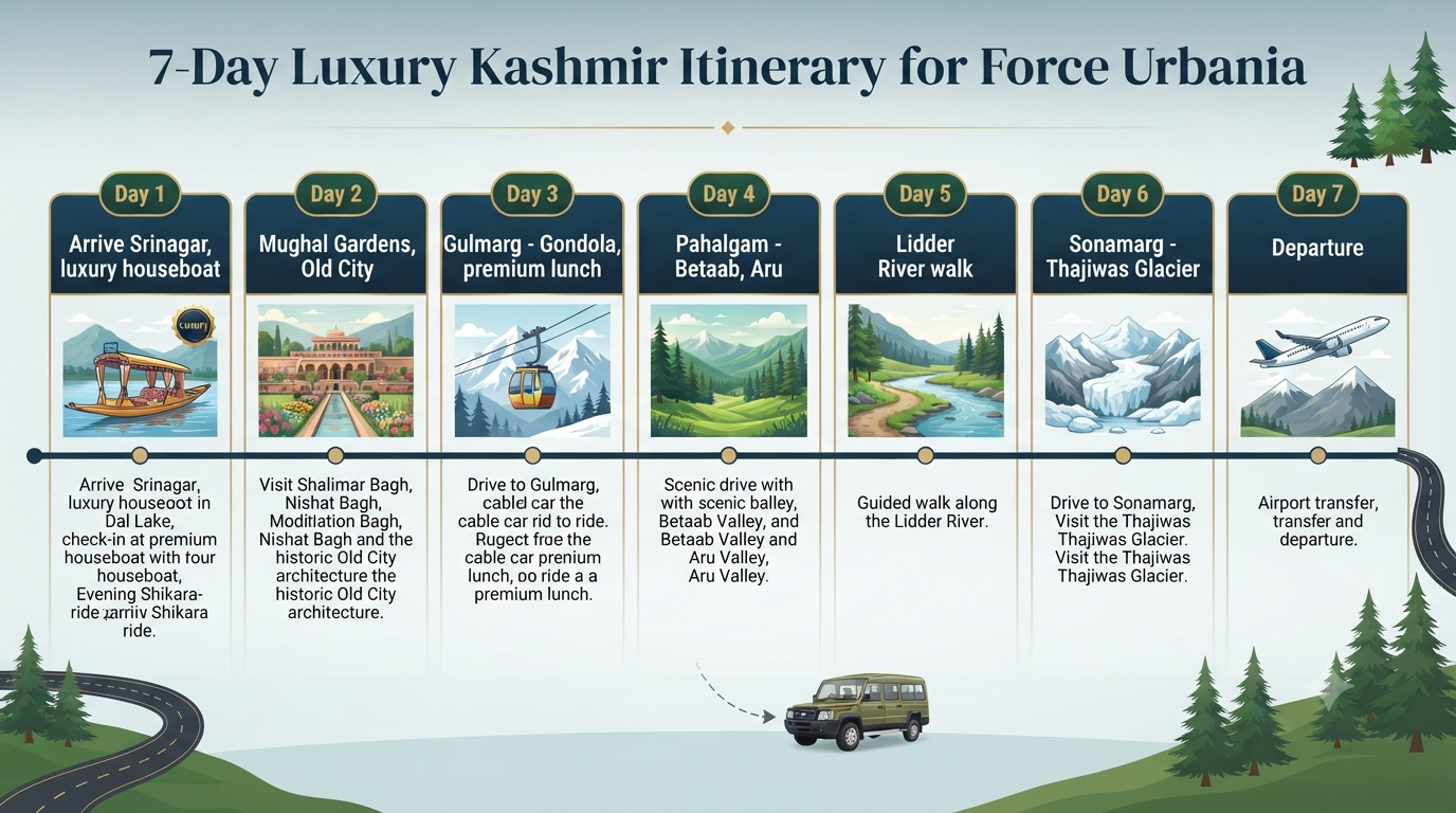 Force Urbania Rental in Srinagar 2026 | ₹8,500+ | 9-17 Seater Luxury 13 Force Urbania rental in Srinagar - 7-day luxury itinerary