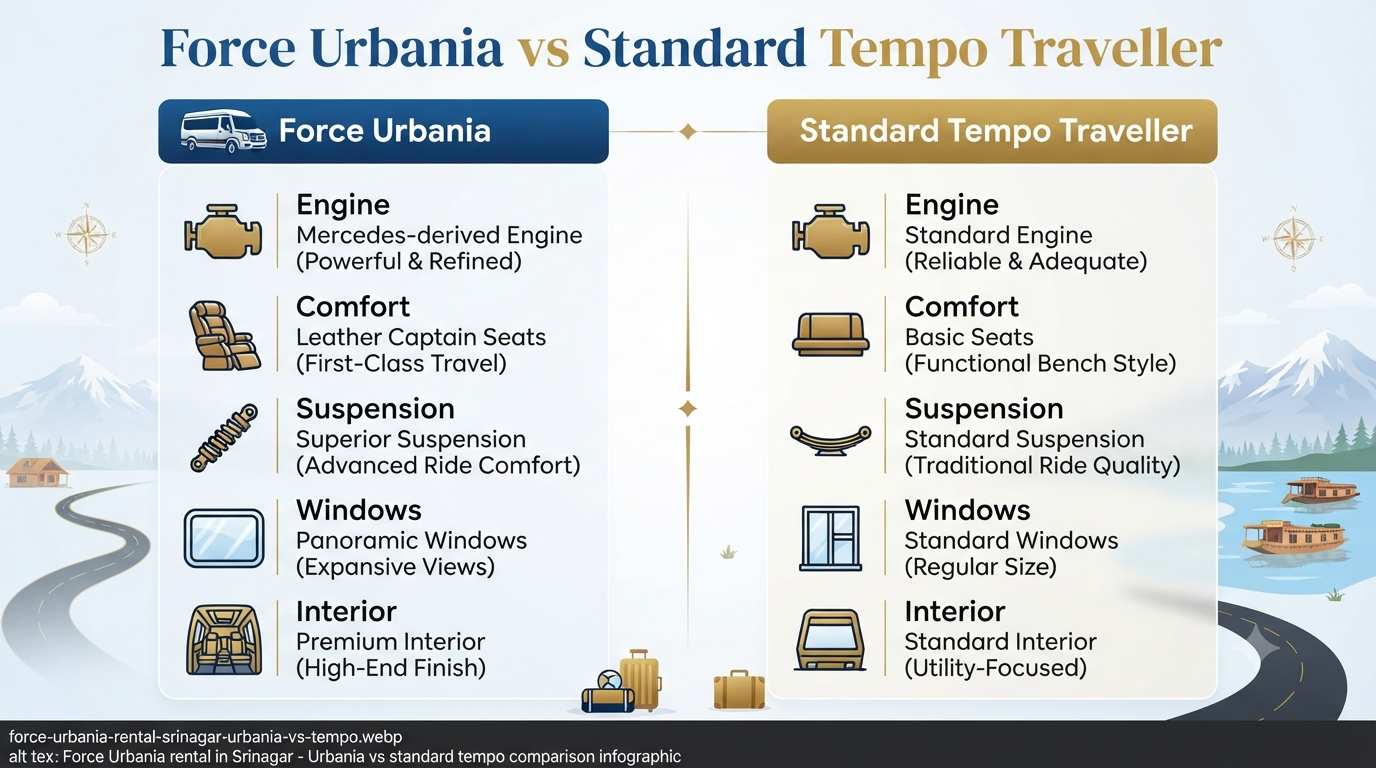 Force Urbania Rental in Srinagar 2026 | ₹8,500+ | 9-17 Seater Luxury 11 Force Urbania rental in Srinagar - Urbania vs standard tempo comparison