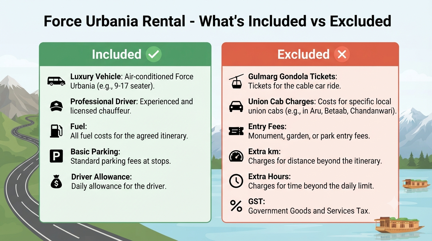 Force Urbania Rental in Srinagar 2026 | ₹8,500+ | 9-17 Seater Luxury 12 Force Urbania rental in Srinagar - inclusions vs exclusions