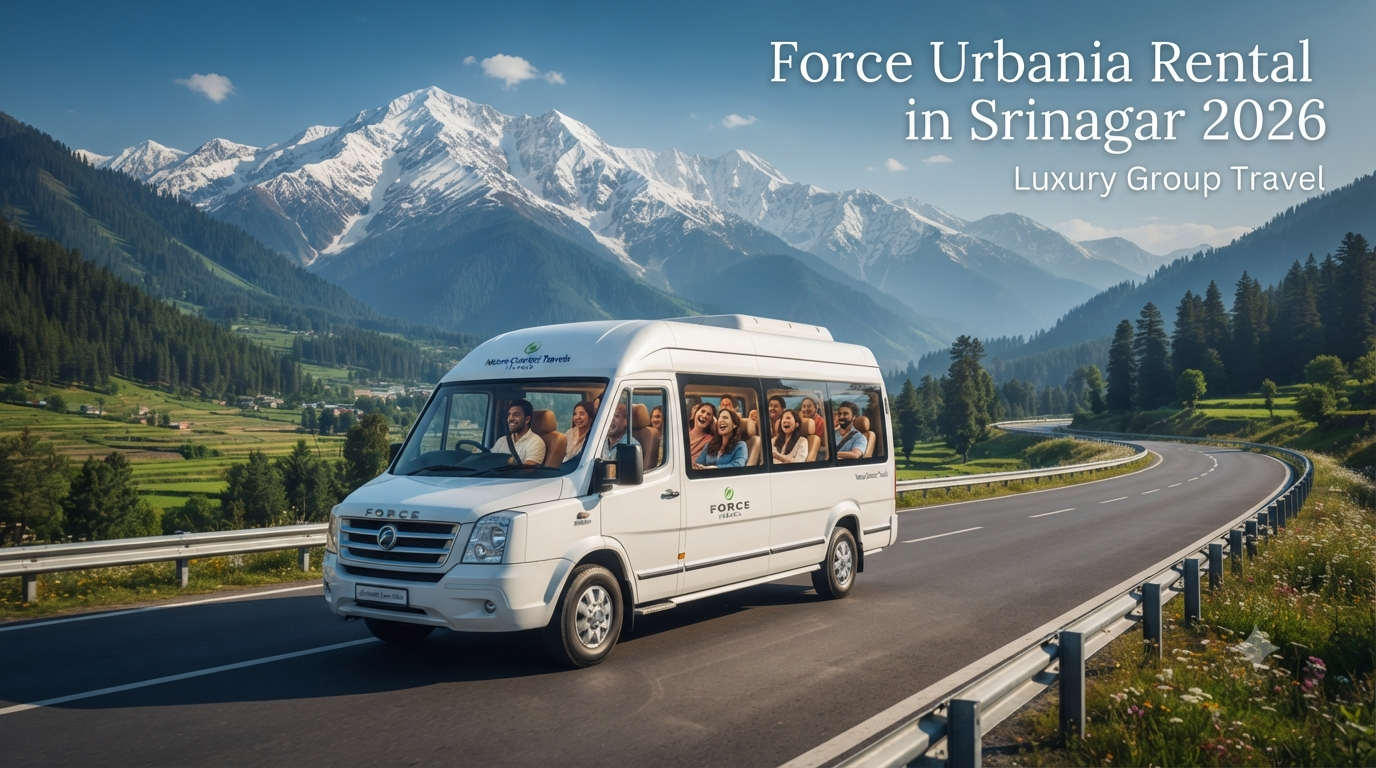 Force Urbania rental in Srinagar - luxury tempo traveller driving through the Himalayas with Nature Connect Travels