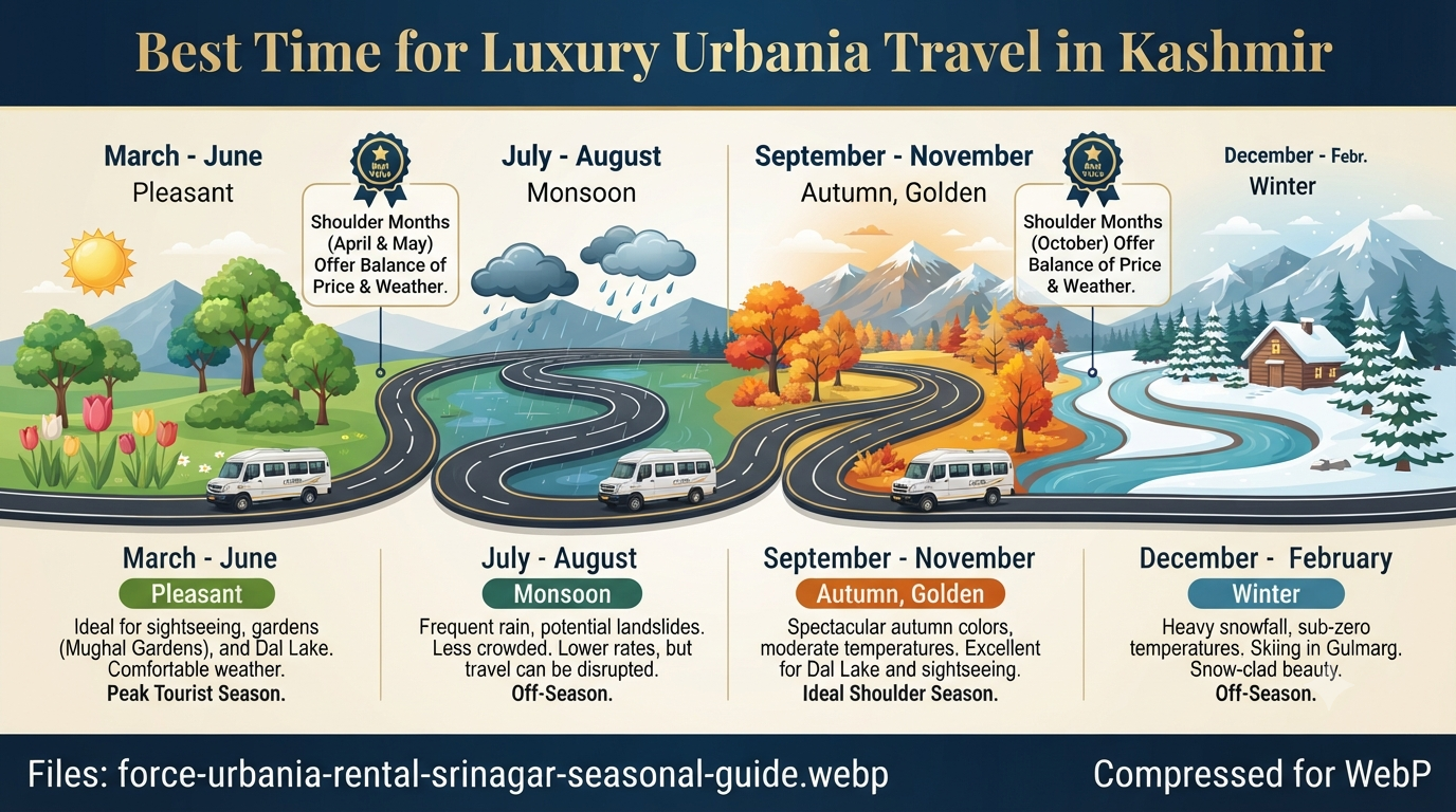 Force Urbania Rental in Srinagar 2026 | ₹8,500+ | 9-17 Seater Luxury 14 Force Urbania rental in Srinagar - seasonal guide infographic