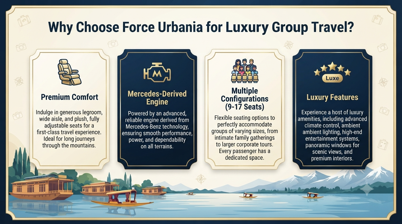Force Urbania Rental in Srinagar 2026 | ₹8,500+ | 9-17 Seater Luxury 9 Force Urbania rental in Srinagar - why choose Force Urbania