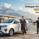 Innova Crysta rental in Srinagar for corporate - professional chauffeur with white Innova Crysta at Srinagar airport for executive travel