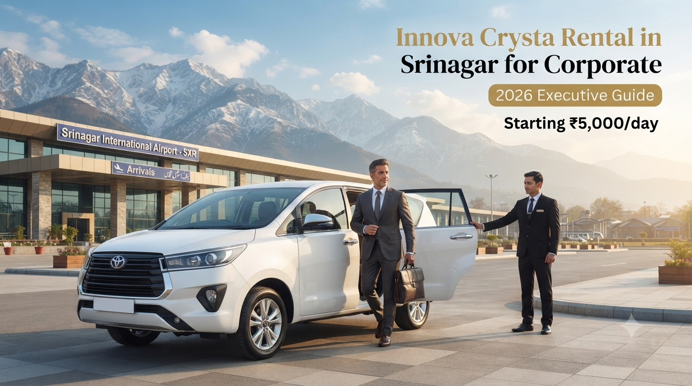 Innova Crysta rental in Srinagar for corporate - professional chauffeur with white Innova Crysta at Srinagar airport for executive travel