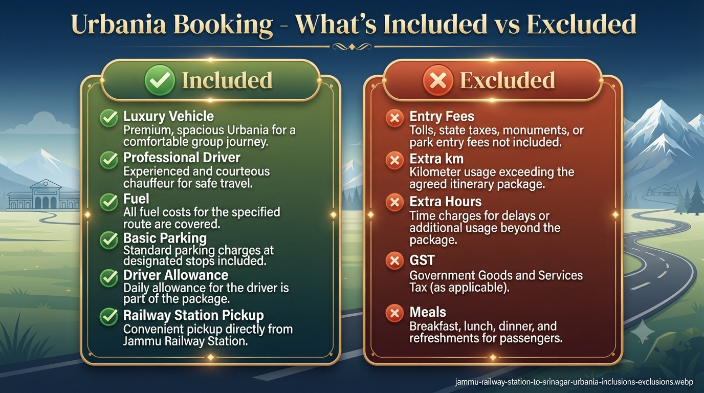 Jammu railway station to Srinagar Urbania rental - inclusions vs exclusions
