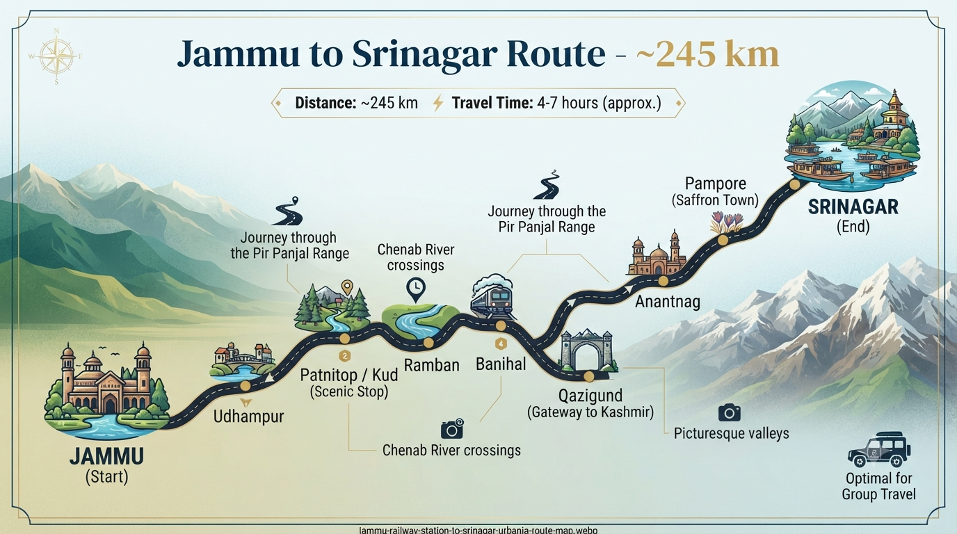 Jammu railway station to Srinagar Urbania rental - route map
