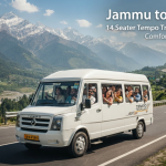 Jammu to Srinagar 14 seater tempo traveller price - group vehicle driving through the Himalayas with Nature Connect Travels