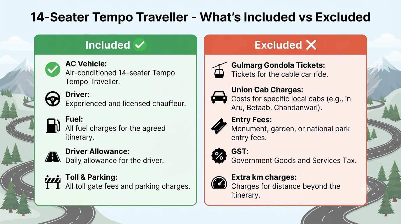 Jammu to Srinagar 14 Seater Tempo Traveller Price 2026 | ₹6,000+ 11 Jammu to Srinagar 14 seater tempo traveller price - inclusions vs exclusions