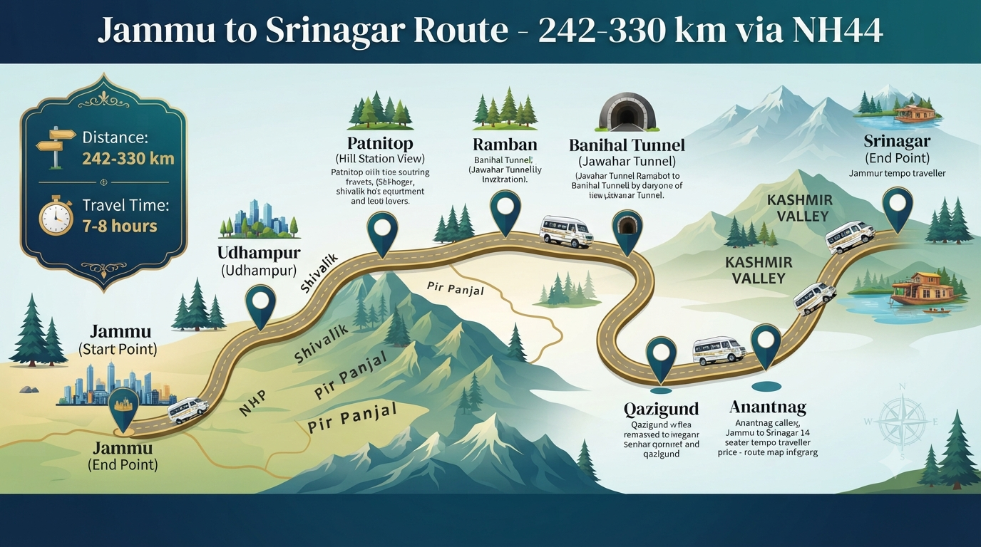 Jammu to Srinagar 14 Seater Tempo Traveller Price 2026 | ₹6,000+ 10 Jammu to Srinagar 14 seater tempo traveller price - route map