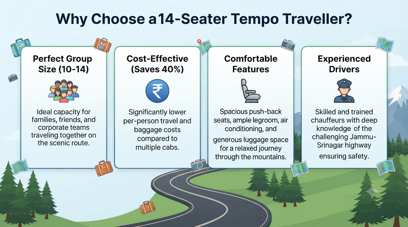Jammu to Srinagar 14 Seater Tempo Traveller Price 2026 | ₹6,000+ 8 Jammu to Srinagar 14 seater tempo traveller price - why choose tempo traveller