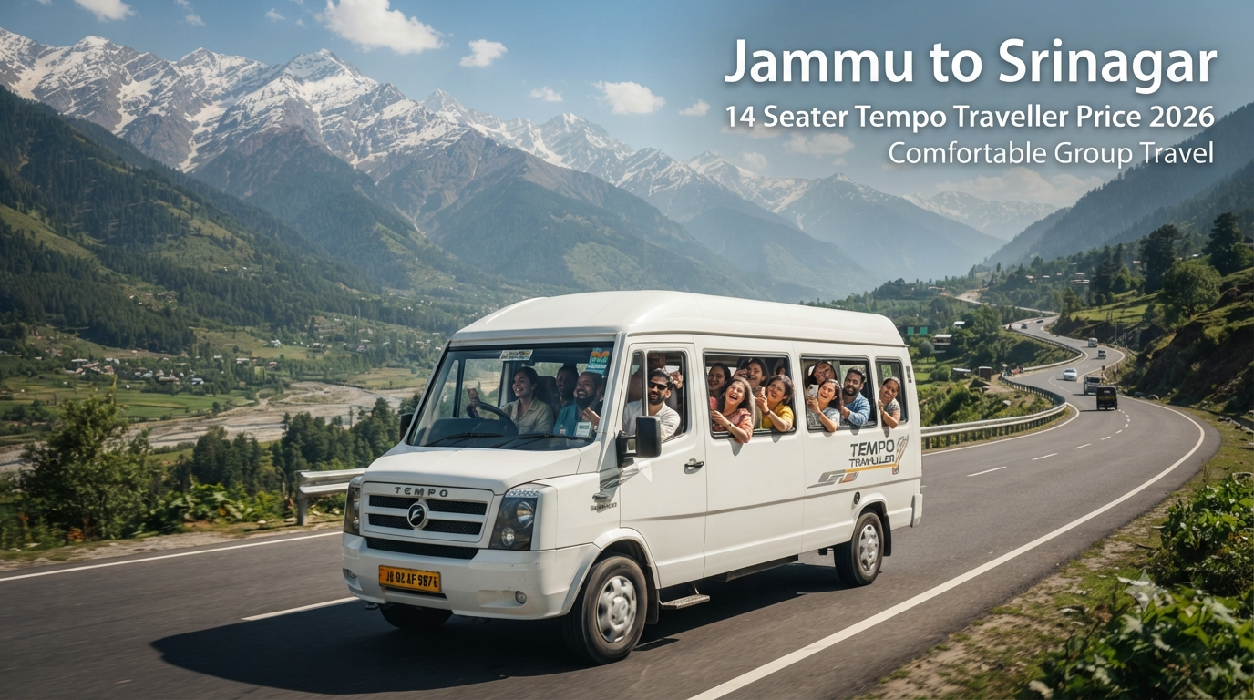 Jammu to Srinagar 14 seater tempo traveller price - group vehicle driving through the Himalayas with Nature Connect Travels