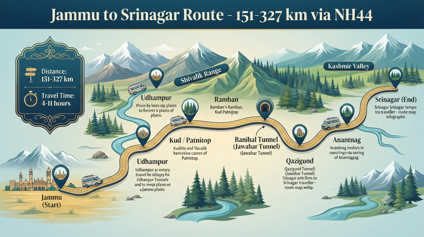 Jammu to Srinagar tempo traveller - route map 