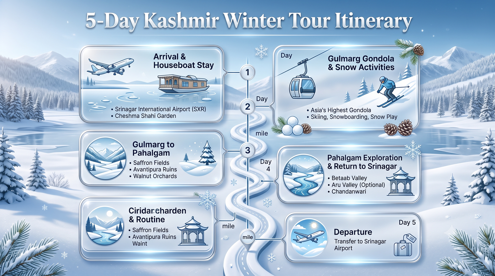 Kashmir 5 days winter tour package - 5-day itinerary infographic Srinagar Gulmarg Pahalgam with winter activities